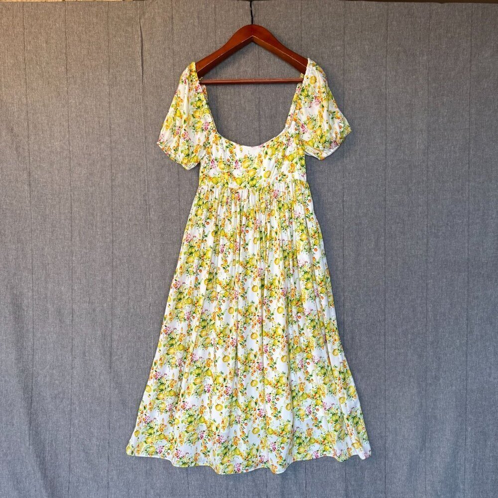 Lavender Brown Lemon Print Square Neck Puff Sleeve Empire Waist Long Midi Dress